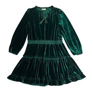 Listicle Velvet Dress Womens L Green Tiered Ruffle Smocked Waist Keyhole Tassel